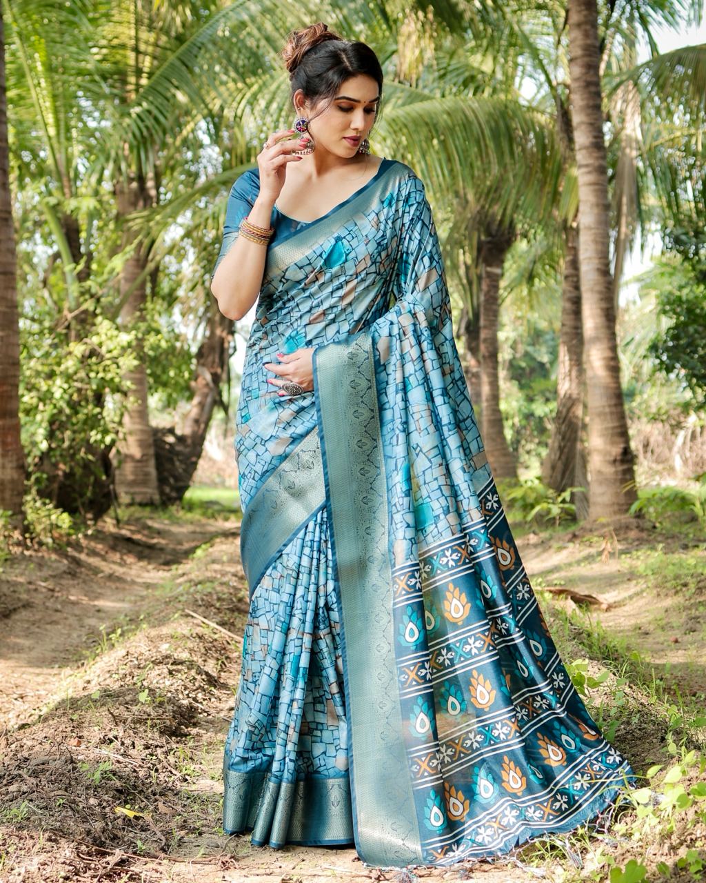 Rama Color Floral Printed Cotton Silk Saree