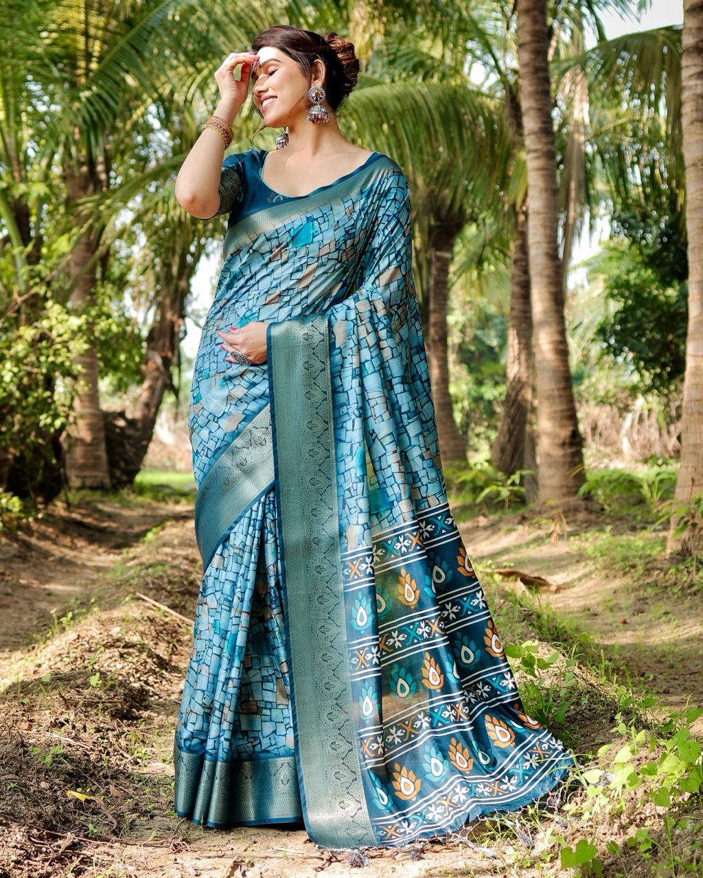 Rama Color Floral Printed Cotton Silk Saree