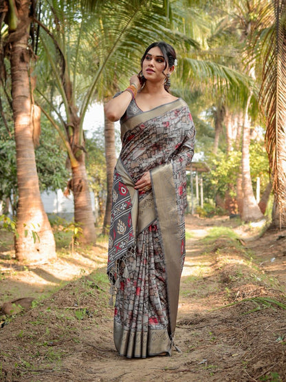 Fossil Gray Floral Printed Cotton Silk Saree