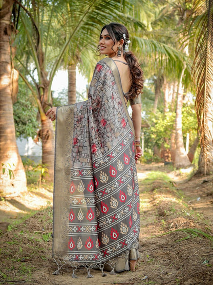 Fossil Gray Floral Printed Cotton Silk Saree