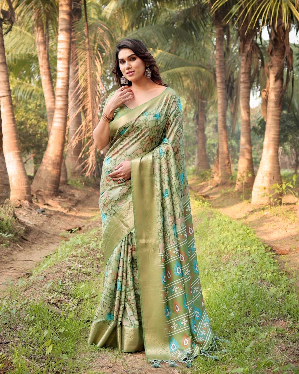 Pista Color Floral Printed Cotton Silk Saree