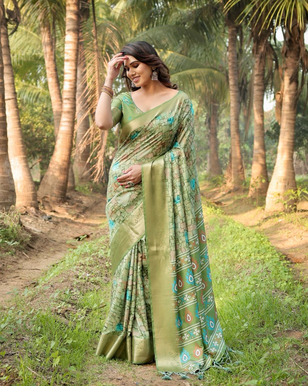 Pista Color Floral Printed Cotton Silk Saree