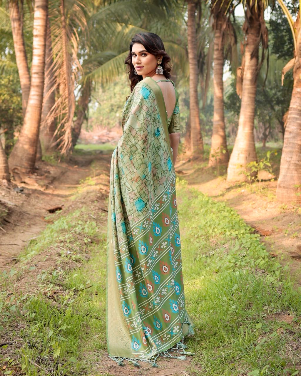 Pista Color Floral Printed Cotton Silk Saree