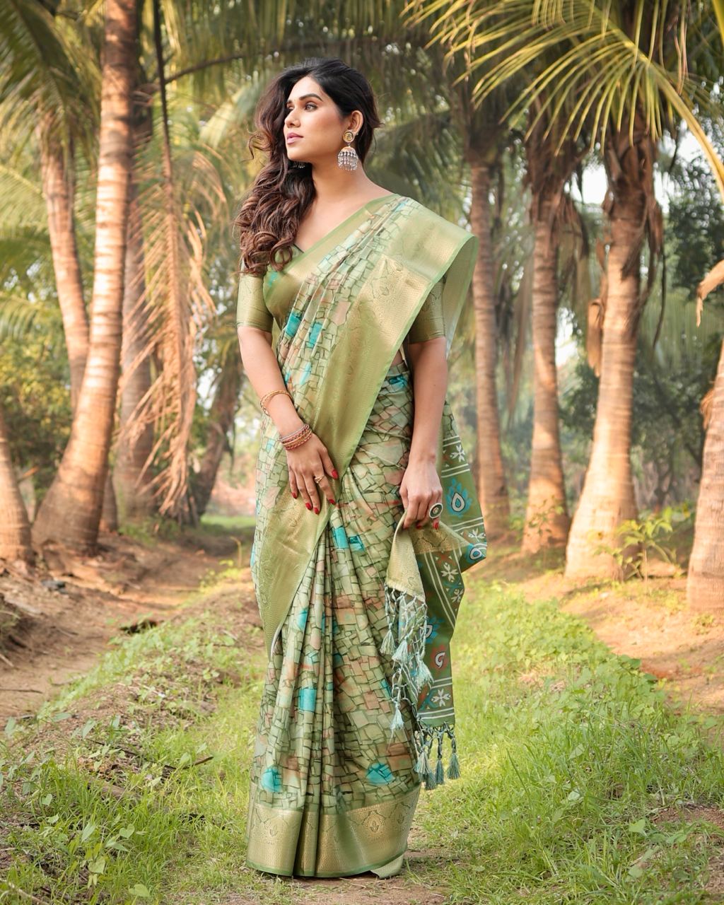 Pista Color Floral Printed Cotton Silk Saree