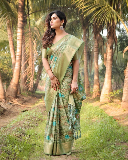Pista Color Floral Printed Cotton Silk Saree