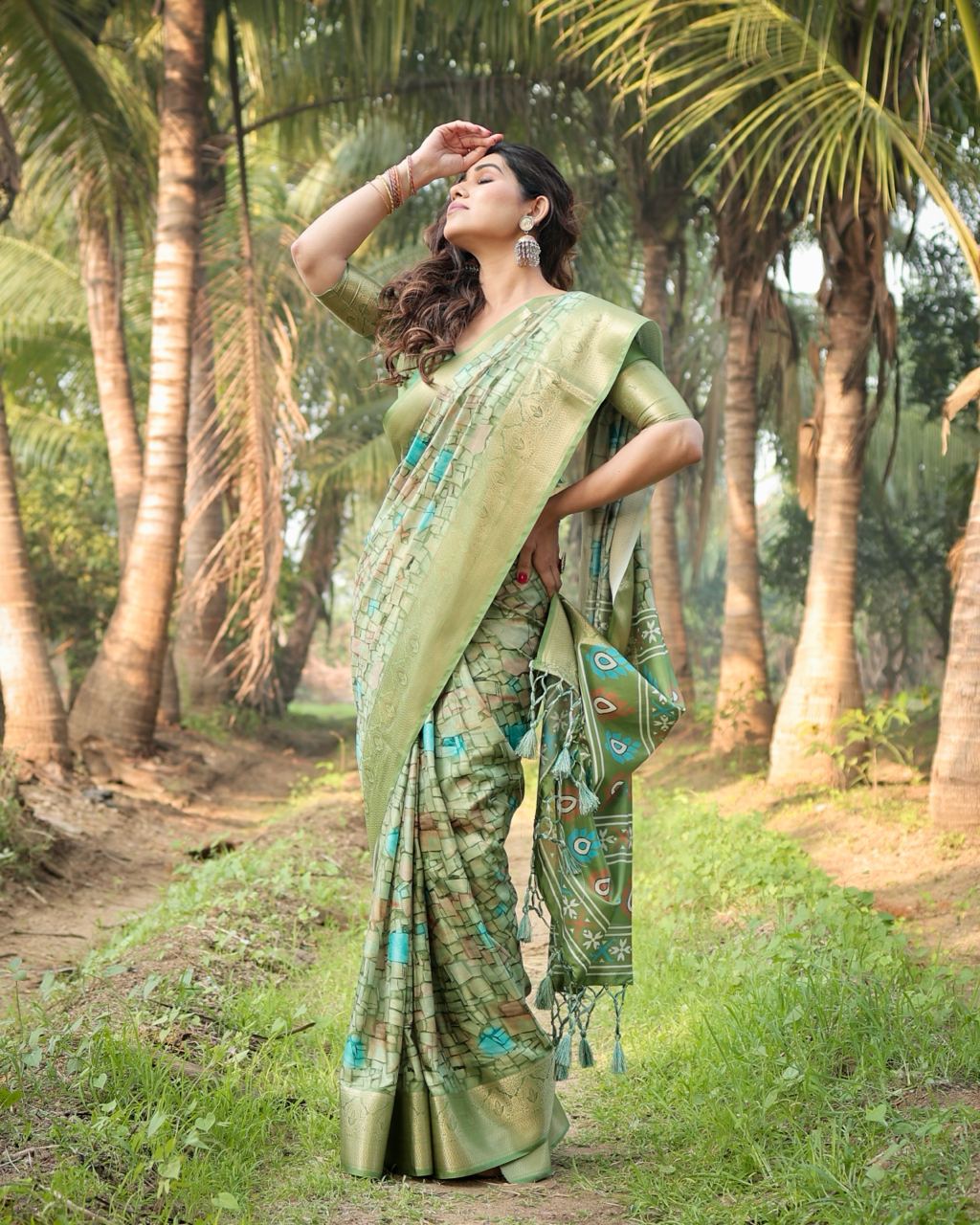 Pista Color Floral Printed Cotton Silk Saree