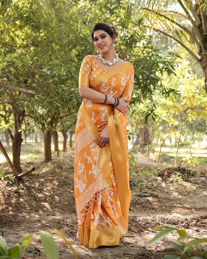 Yellow Color Floral Printed Cotton Silk Saree