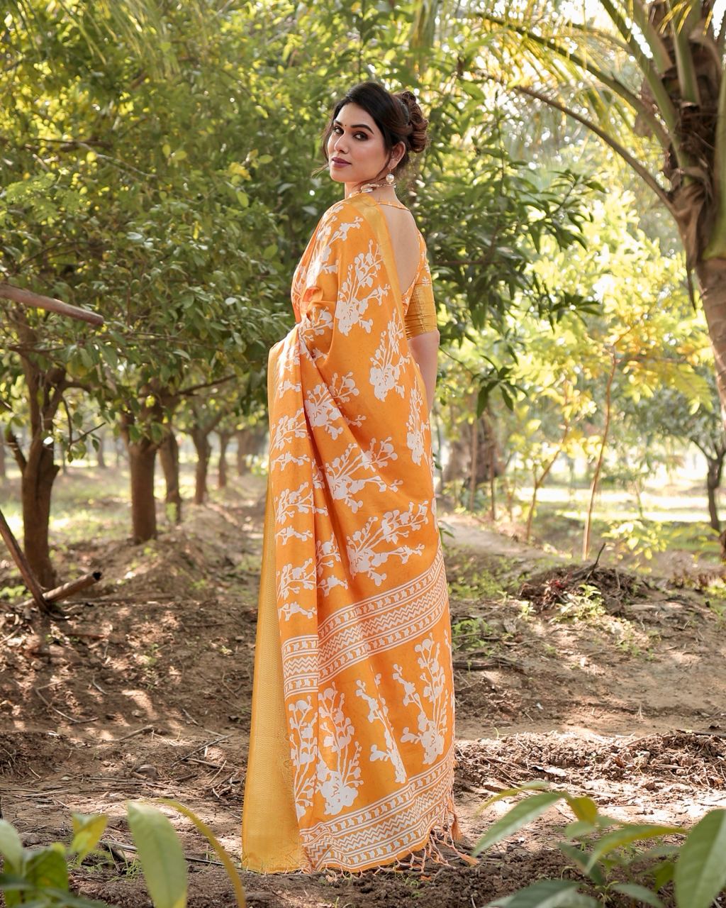 Yellow Color Floral Printed Cotton Silk Saree