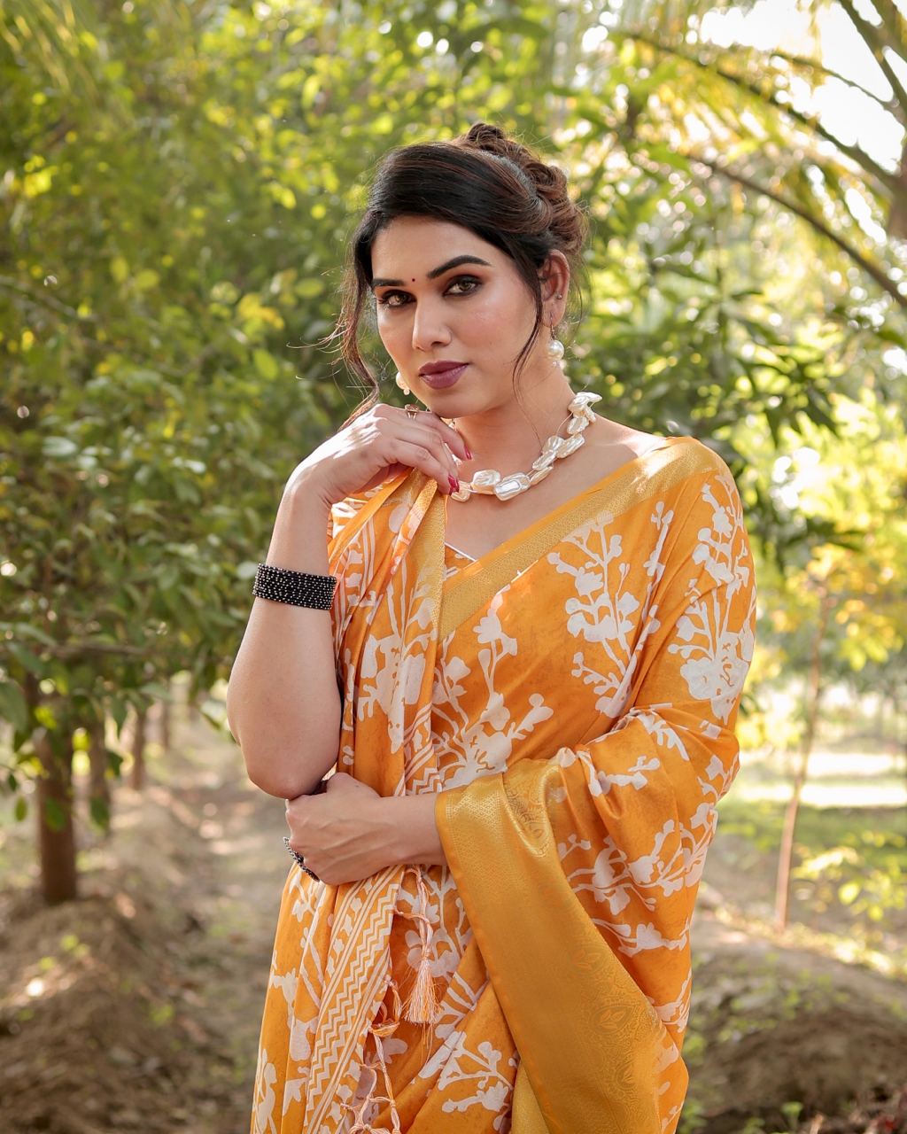 Yellow Color Floral Printed Cotton Silk Saree