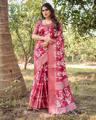 Deep Rose Floral Printed Cotton Silk Saree