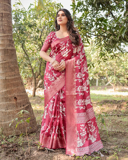 Deep Rose Floral Printed Cotton Silk Saree