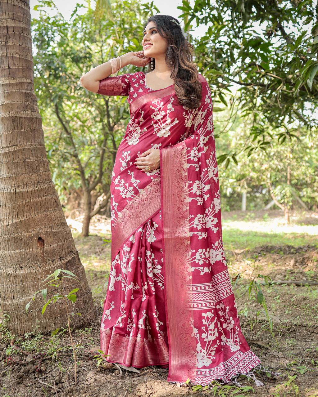 Deep Rose Floral Printed Cotton Silk Saree