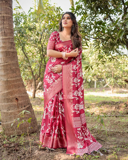 Deep Rose Floral Printed Cotton Silk Saree