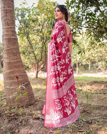 Deep Rose Floral Printed Cotton Silk Saree