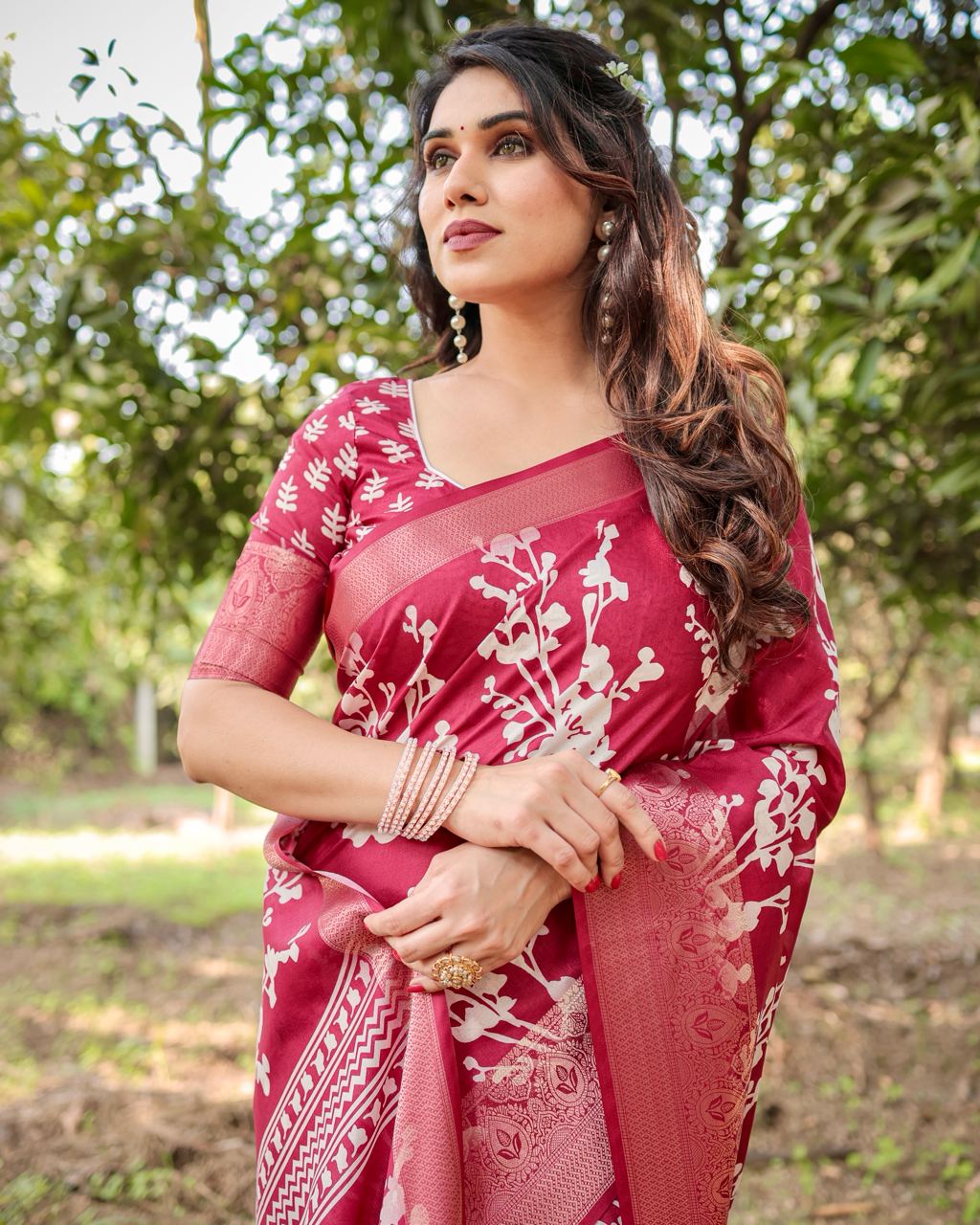 Deep Rose Floral Printed Cotton Silk Saree