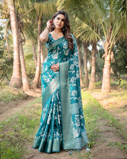 Teal Blue Floral Printed Cotton Silk Saree