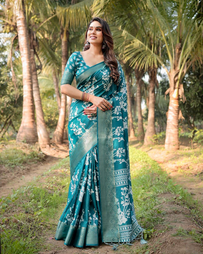 Teal Blue Floral Printed Cotton Silk Saree