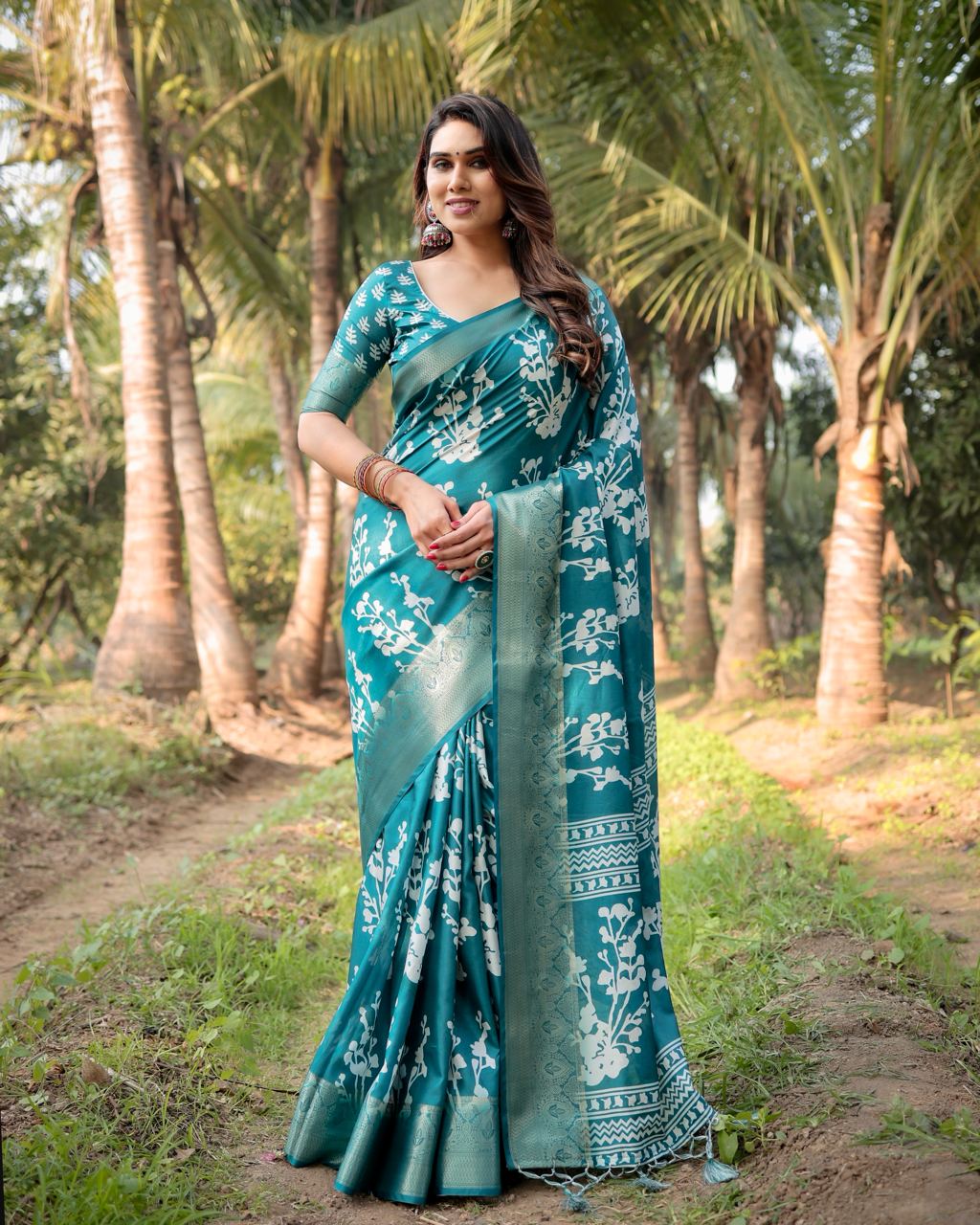 Teal Blue Floral Printed Cotton Silk Saree
