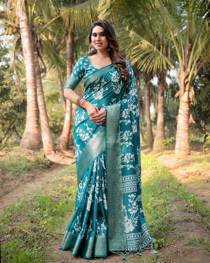 Teal Blue Floral Printed Cotton Silk Saree