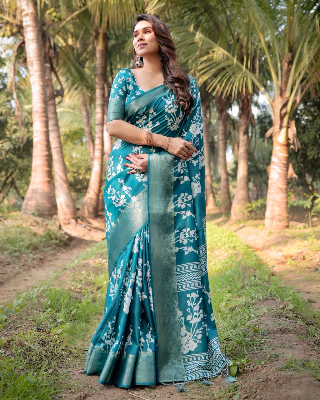 Teal Blue Floral Printed Cotton Silk Saree