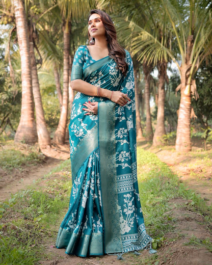 Teal Blue Floral Printed Cotton Silk Saree
