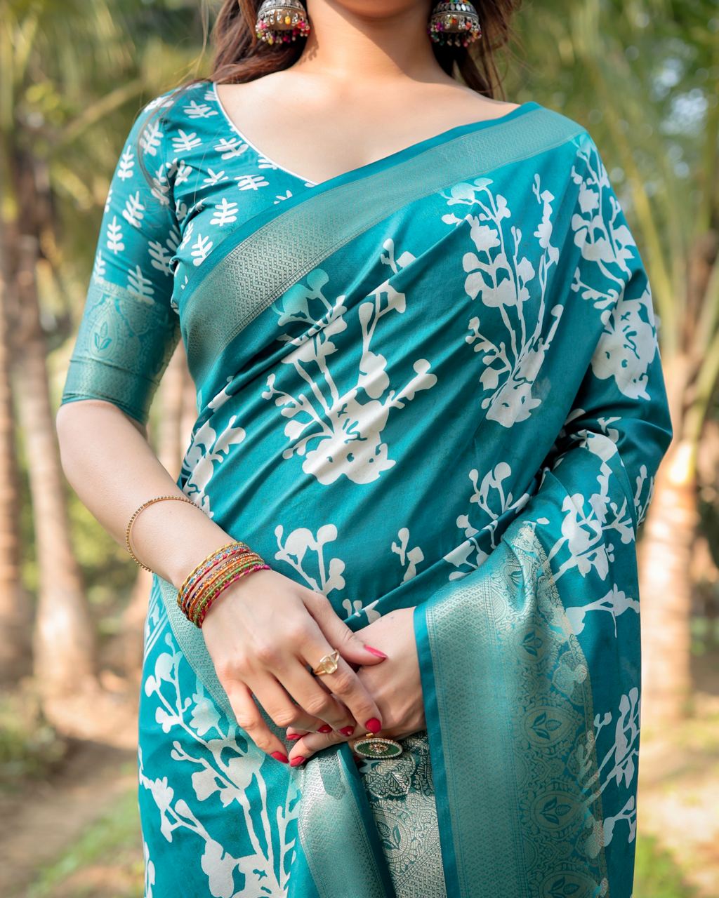 Teal Blue Floral Printed Cotton Silk Saree