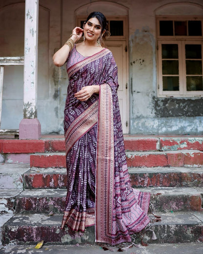 Grape Purple Floral Printed Cotton Silk Saree