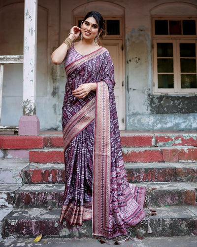 Grape Purple Floral Printed Cotton Silk Saree