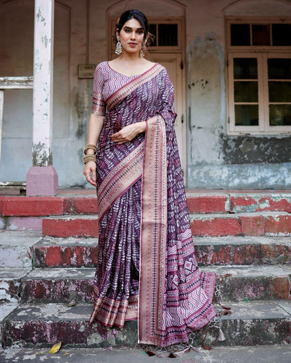 Grape Purple Floral Printed Cotton Silk Saree
