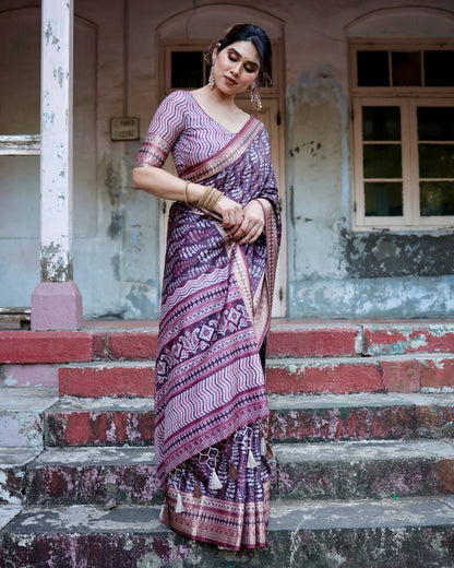 Grape Purple Floral Printed Cotton Silk Saree