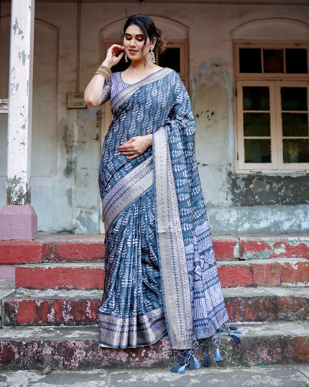 Dark Steel Blue Floral Printed Cotton Silk Saree