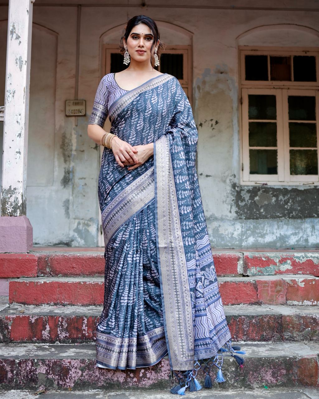 Dark Steel Blue Floral Printed Cotton Silk Saree