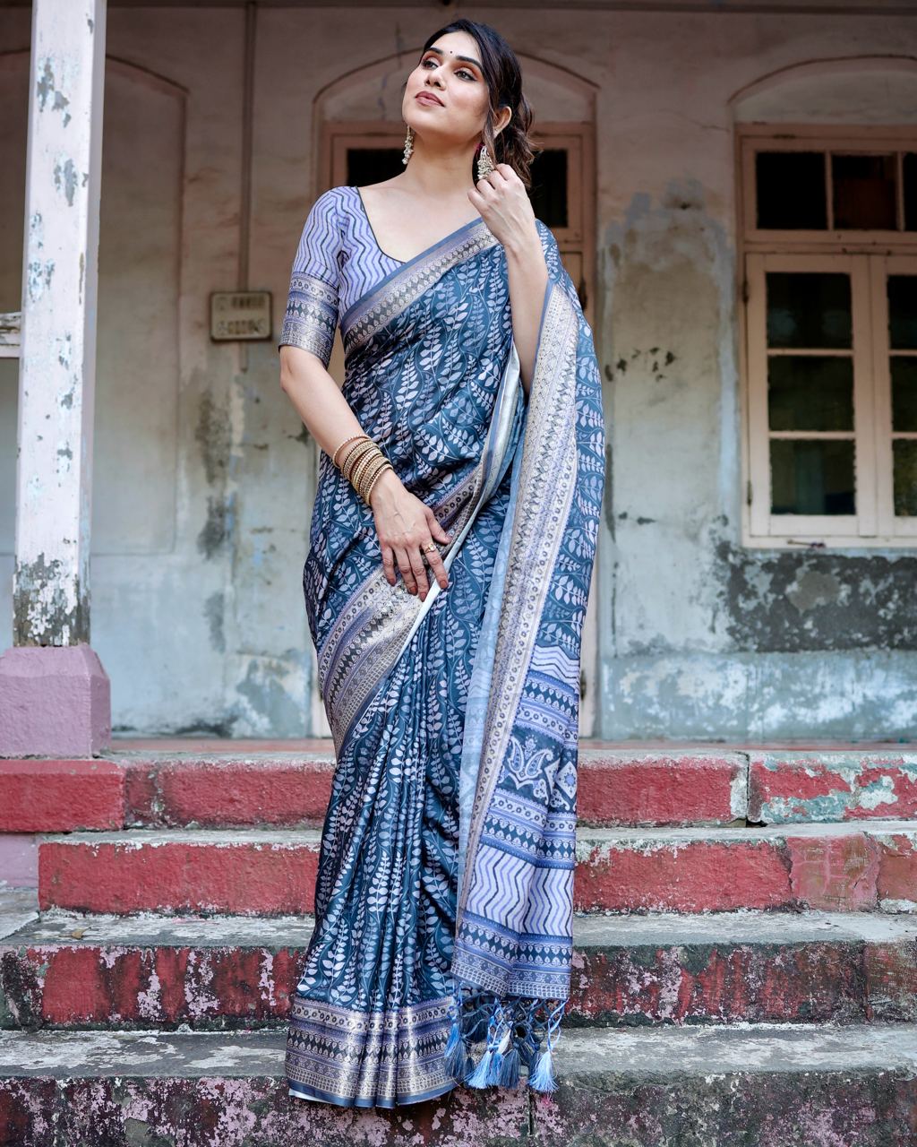 Dark Steel Blue Floral Printed Cotton Silk Saree