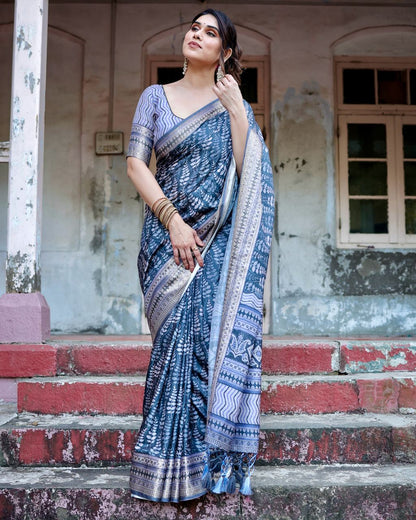 Dark Steel Blue Floral Printed Cotton Silk Saree