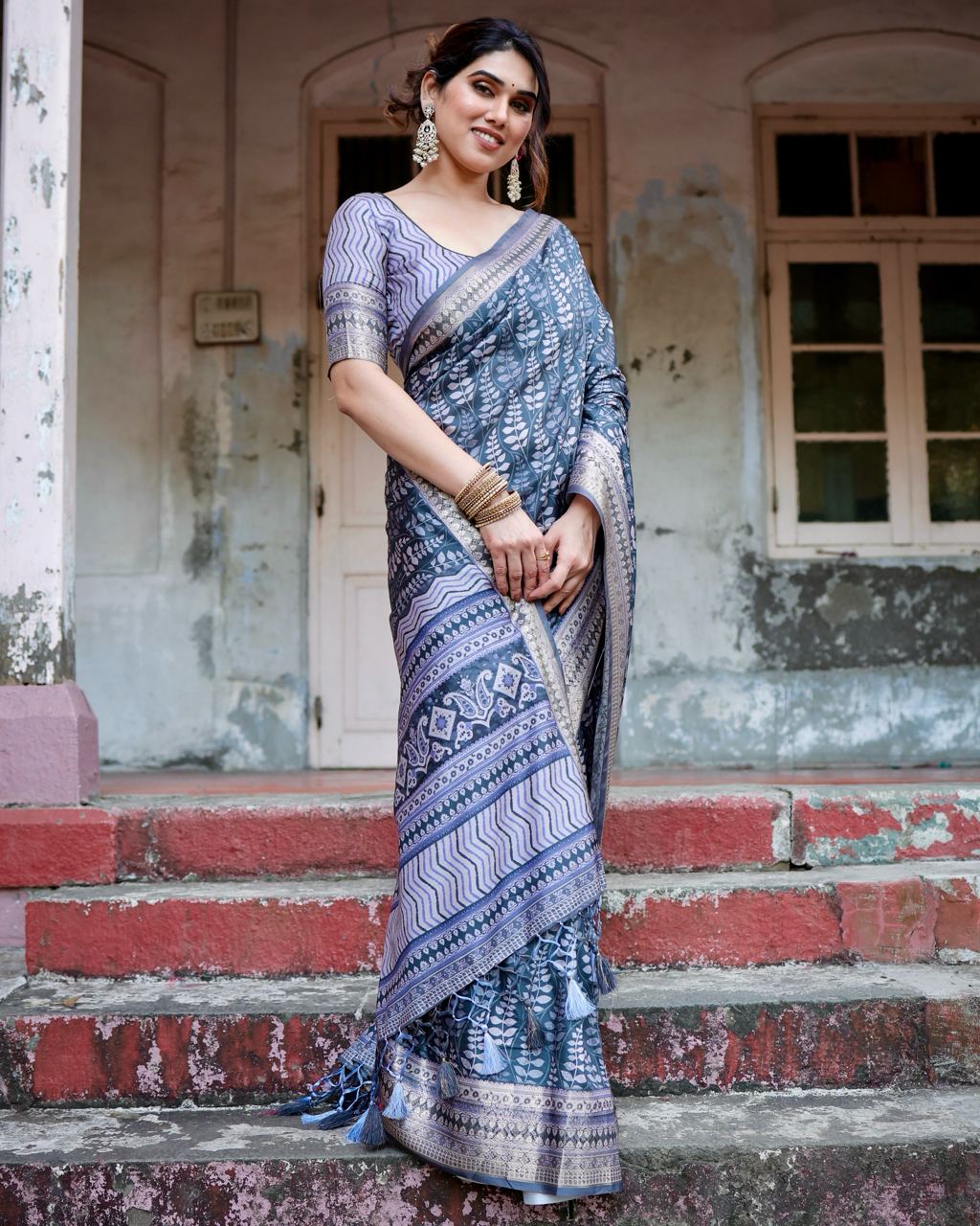 Dark Steel Blue Floral Printed Cotton Silk Saree