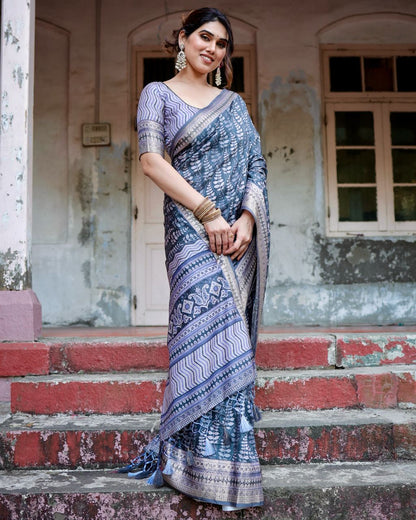 Dark Steel Blue Floral Printed Cotton Silk Saree