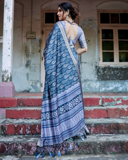 Dark Steel Blue Floral Printed Cotton Silk Saree