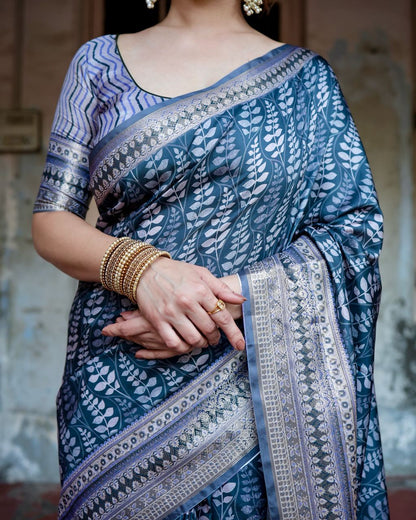 Dark Steel Blue Floral Printed Cotton Silk Saree