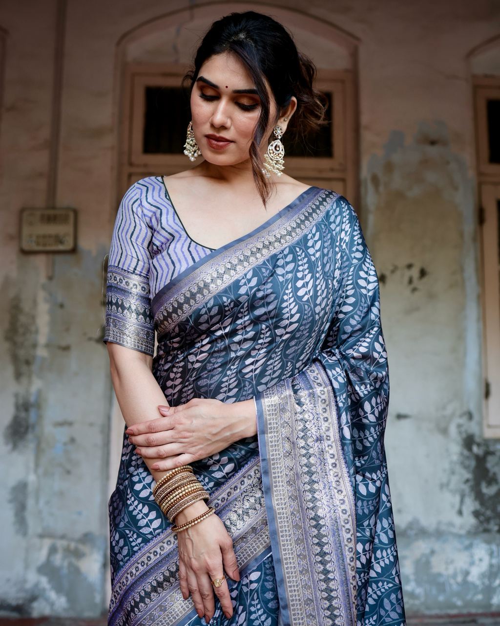 Dark Steel Blue Floral Printed Cotton Silk Saree