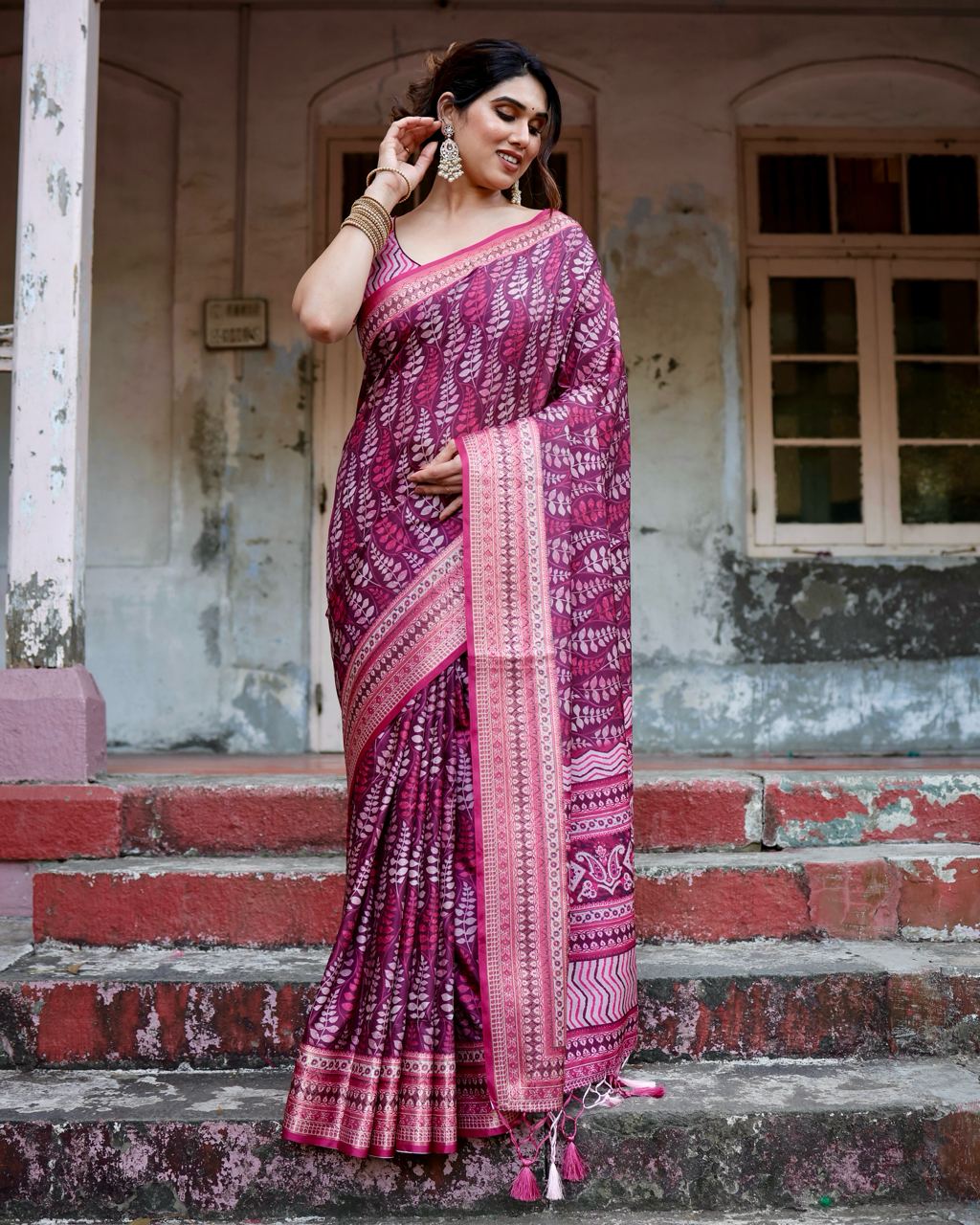 Dark Fuchsia Pink Floral Printed Cotton Silk Saree