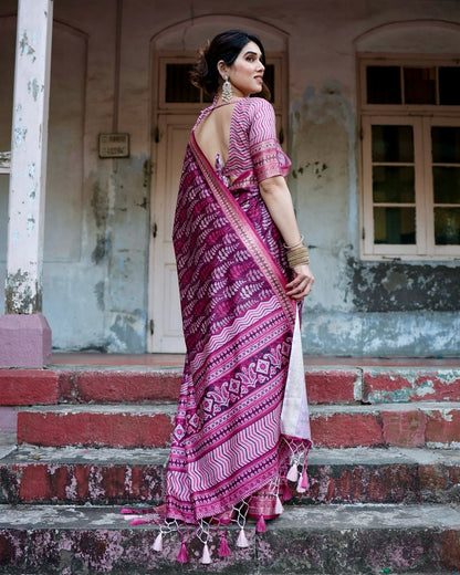 Dark Fuchsia Pink Floral Printed Cotton Silk Saree