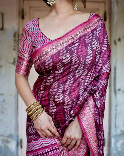 Dark Fuchsia Pink Floral Printed Cotton Silk Saree