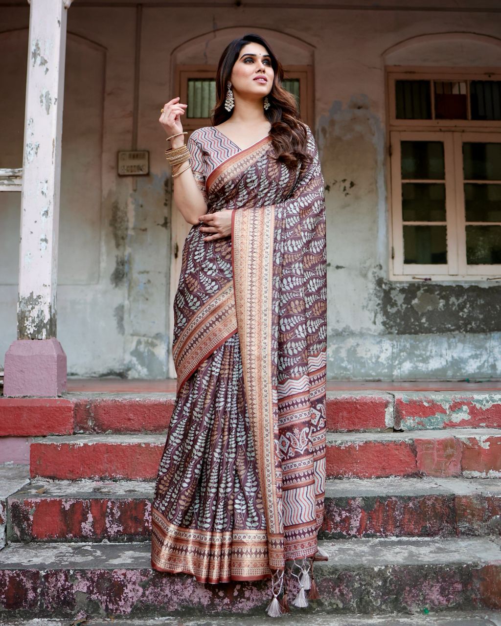 Dark Deep Brown Floral Printed Cotton Silk Saree