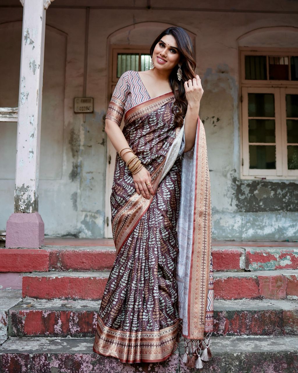 Dark Deep Brown Floral Printed Cotton Silk Saree