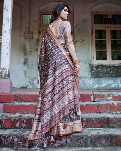 Dark Deep Brown Floral Printed Cotton Silk Saree