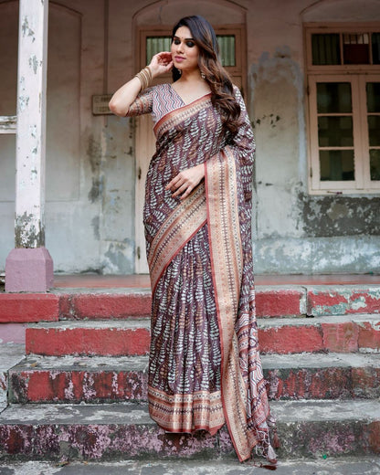 Dark Deep Brown Floral Printed Cotton Silk Saree