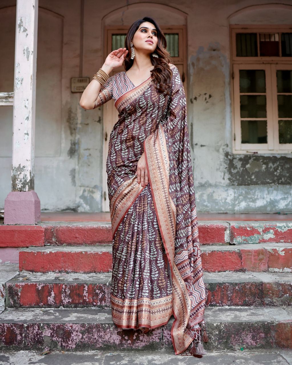 Dark Deep Brown Floral Printed Cotton Silk Saree