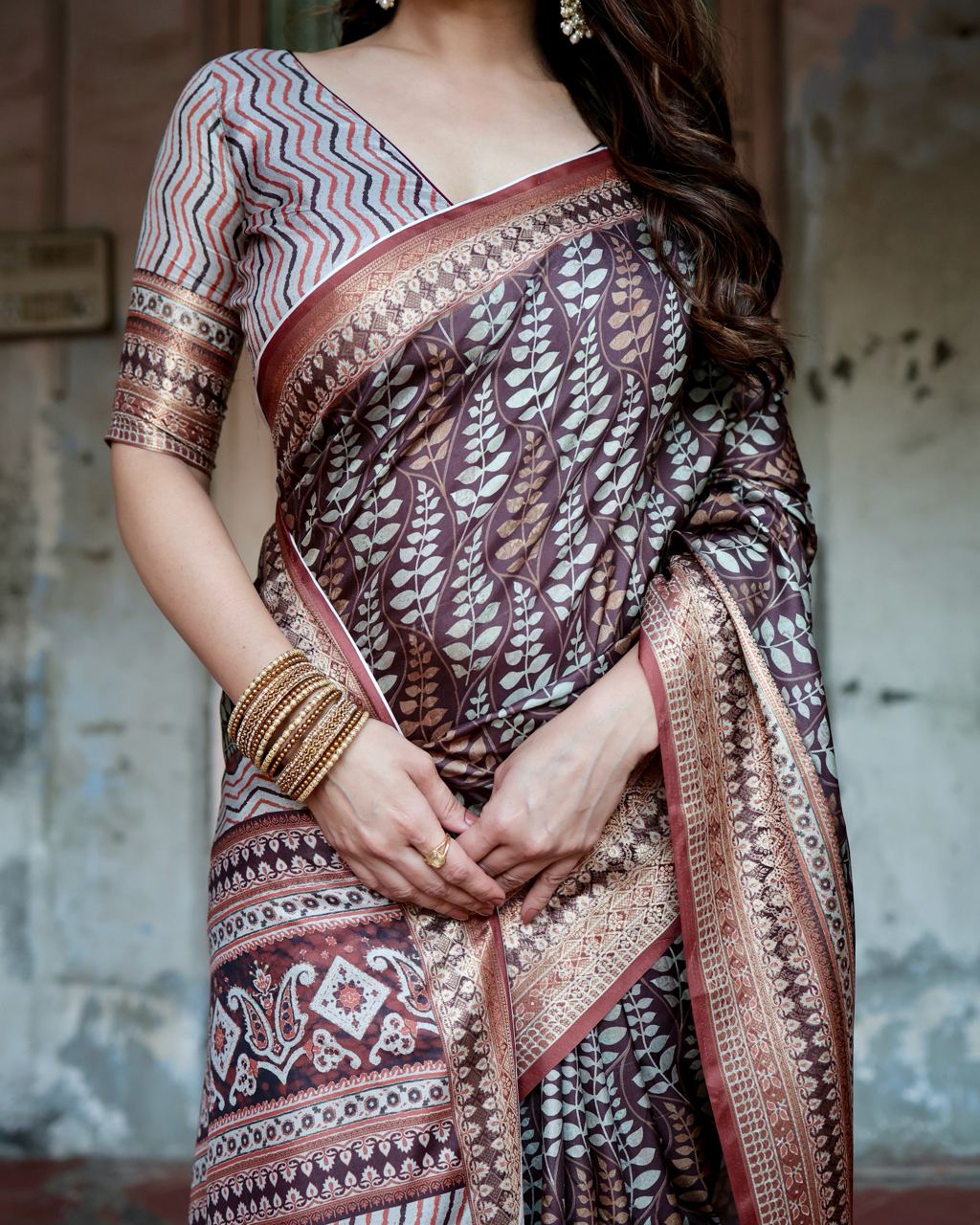 Dark Deep Brown Floral Printed Cotton Silk Saree