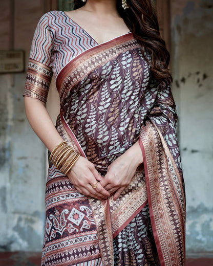 Dark Deep Brown Floral Printed Cotton Silk Saree
