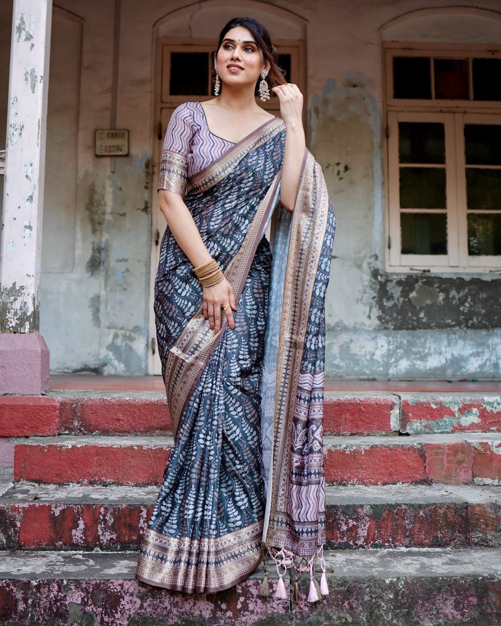 Dark Blue & Grey Floral Printed Cotton Silk Saree